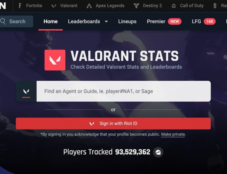 Tracker.gg VALORANT main page