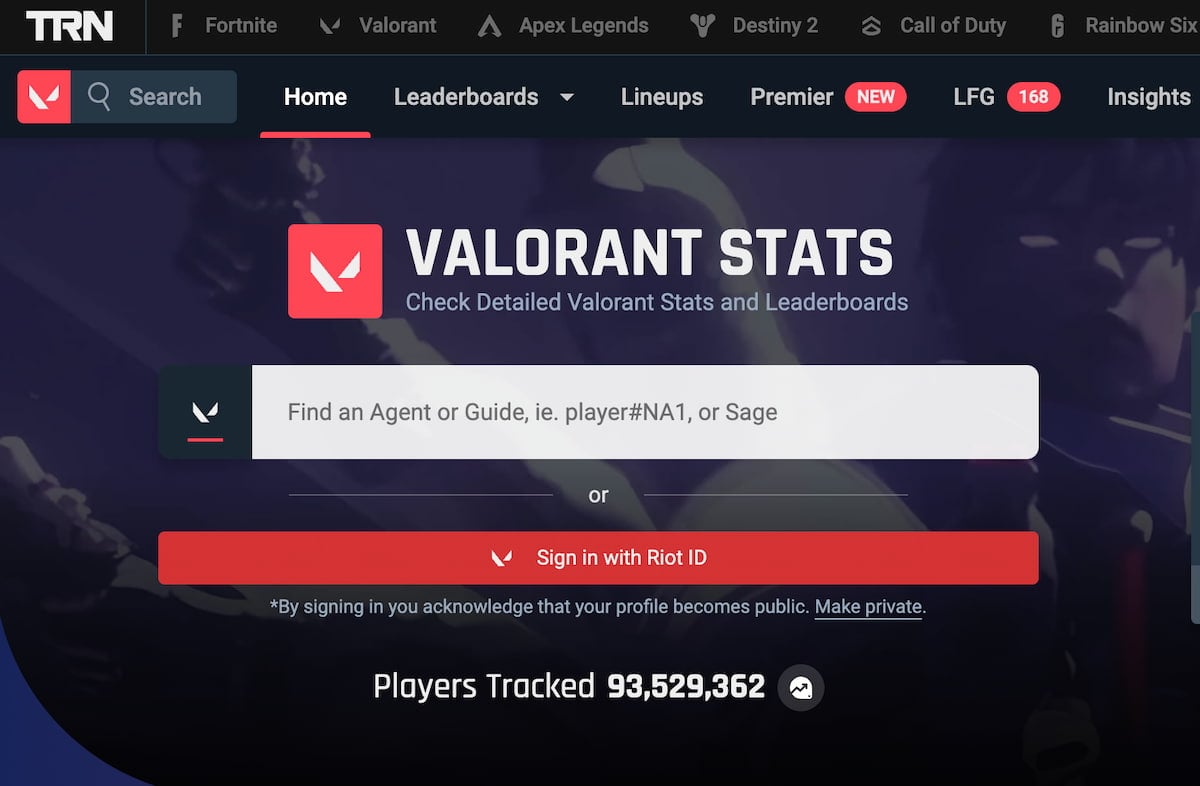 Tracker.gg VALORANT main page