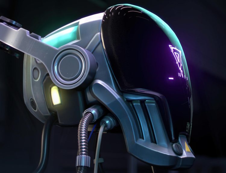 A robotic helmet with a purple screen lights up, representing KAY/O in VALORANT.