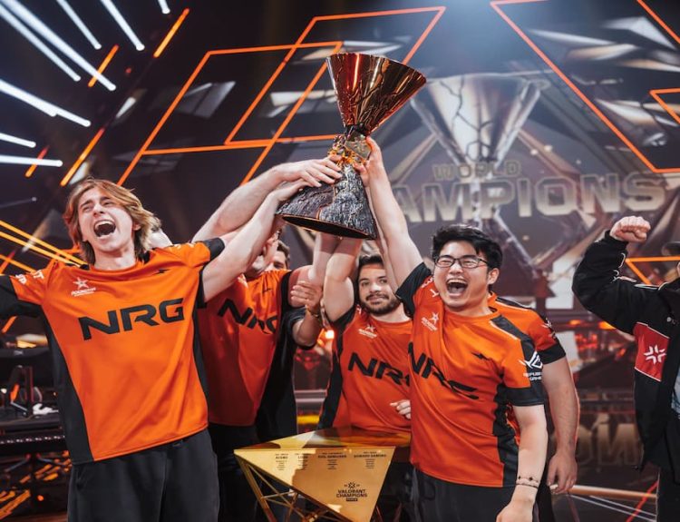 NRG lifting the VALORANT Champions Paris trophy on Oct. 5