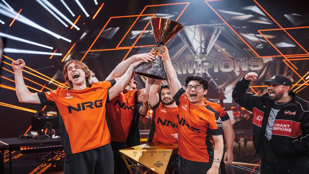 NRG lifting the VALORANT Champions Paris trophy on Oct. 5