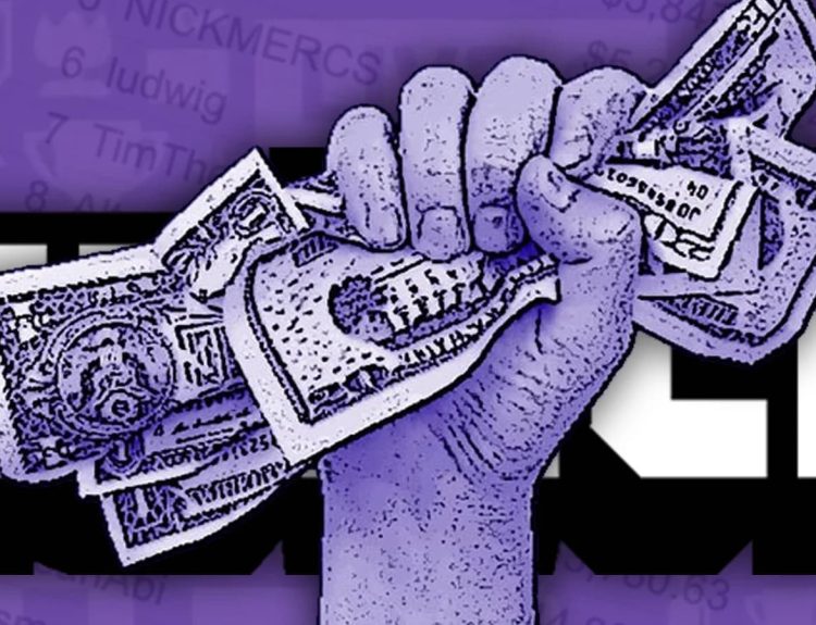 A fist clutching money is superimposed on top of the Twitch logo.