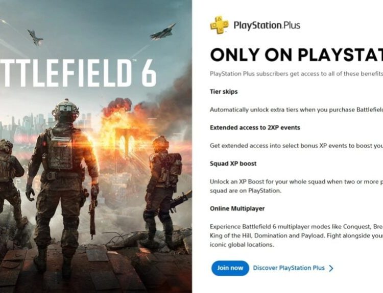 Screenshot featuring all the PS Plus benefits in Battlefield 6.