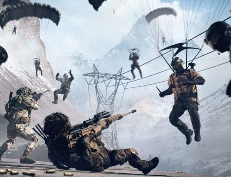 Soldiers shooting at enemies deploying with parachutes in Battlefield 6