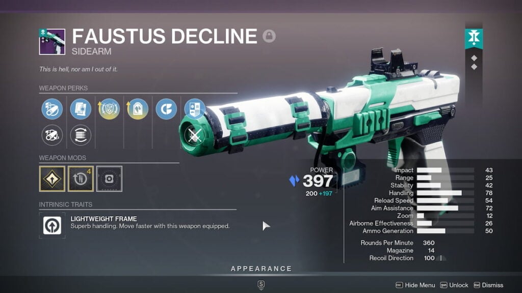 Faustus Decline inspect in Destiny 2