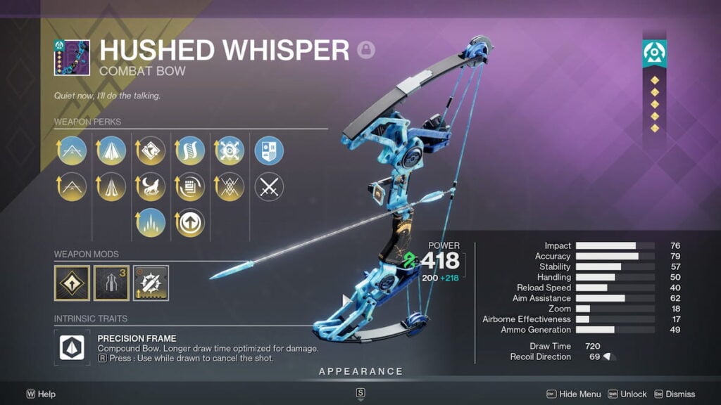 Hushed Whisper roll in Destiny 2