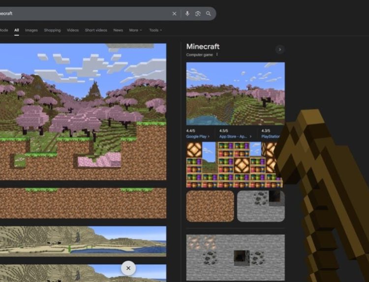 Screenshot of the Minecraft Easter egg on Google.