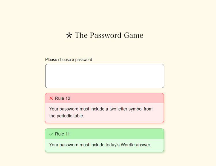 A screenshot of a browser window with The Password Game, with a red and green ruleset listed.