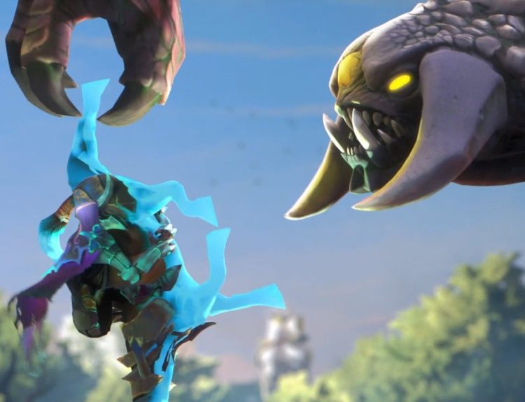 Screenshot featuring Roshan and Abaddon in an animated video for Dota 2.