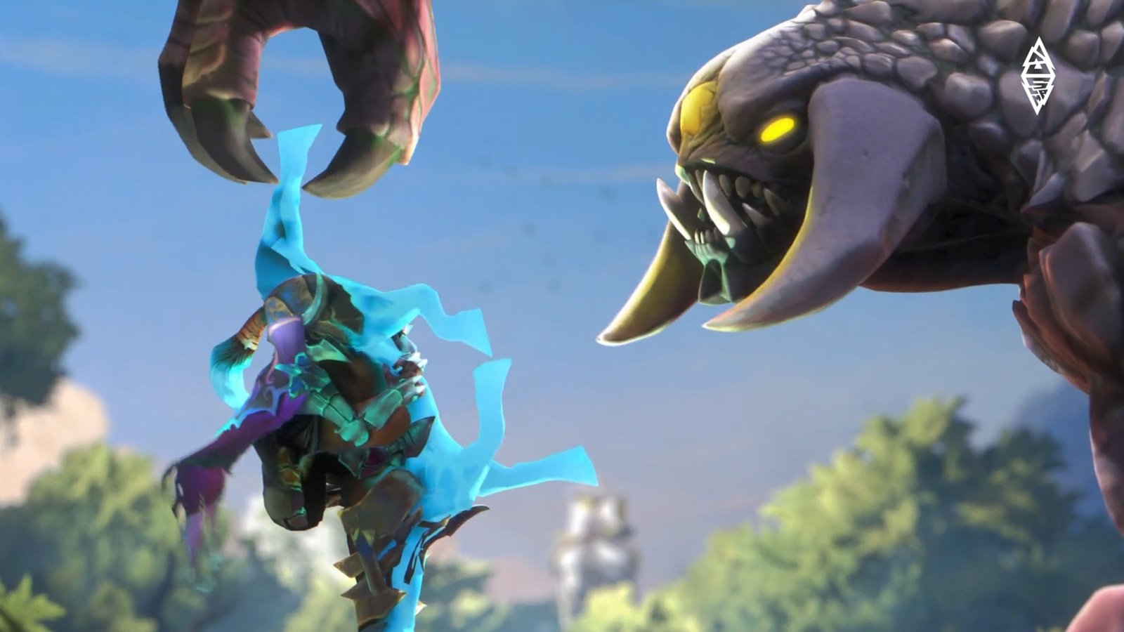 Screenshot featuring Roshan and Abaddon in an animated video for Dota 2.