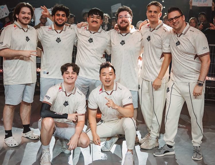 PARIS, FRANCE - (L-R) JonahP, valyn, jawgemo, leaf, coach shhhack, coach Anderzz, trent, and coach JoshRT of G2 pose for a photo at VALORANT Champions Paris Group Stage Day 10 at Les Arènes de Grand Paris Sud on September 22, 2025 in Paris, France