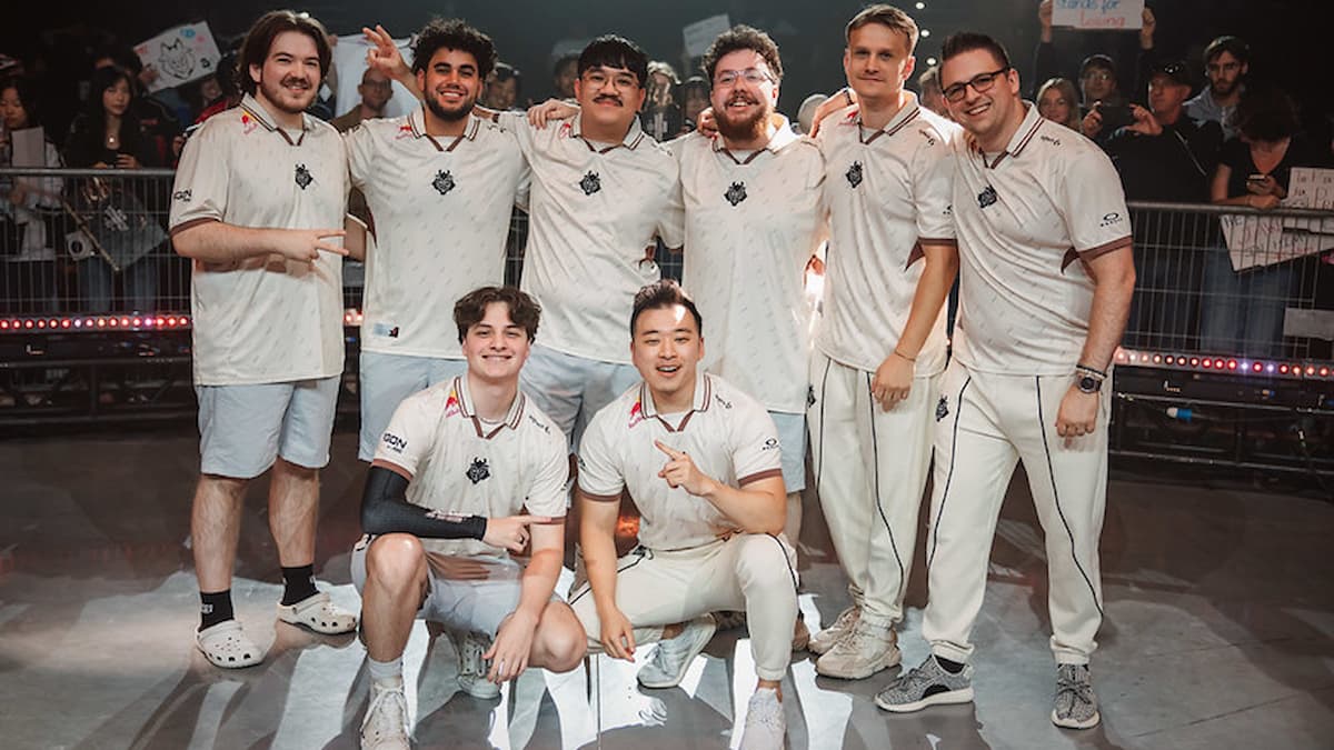 PARIS, FRANCE - (L-R) JonahP, valyn, jawgemo, leaf, coach shhhack, coach Anderzz, trent, and coach JoshRT of G2 pose for a photo at VALORANT Champions Paris Group Stage Day 10 at Les Arènes de Grand Paris Sud on September 22, 2025 in Paris, France