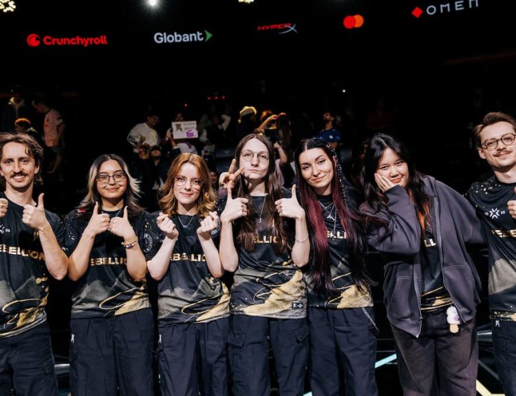(L-R) Coach effys, meL, Noia, Sarah, alexis, Dodonut, and Coach veer of Shopify Rebellion Gold pose for a photo during the 2025 VALORANT Game Changers Championship, held at LoL Park Arena in Seoul, South Korea, on November 26, 2025.