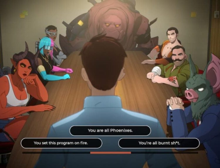 Dispatch: Player and characters in a meeting
