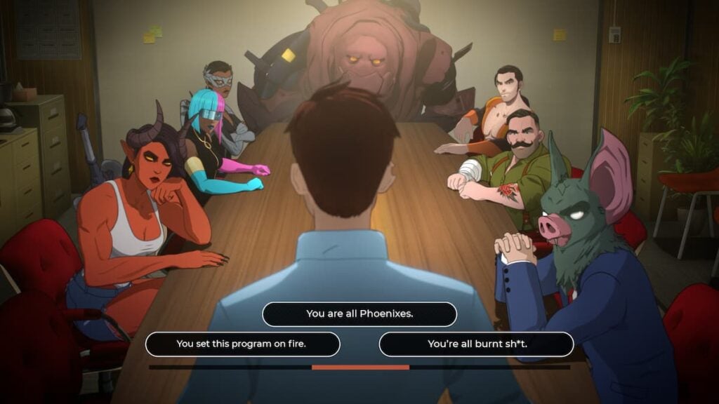 Dispatch: Player and characters in a meeting