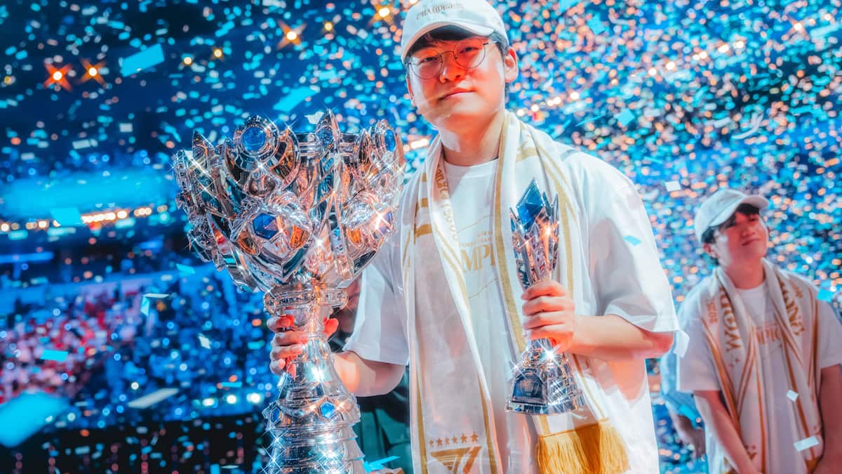 Gumayusi of T1 celebrates onstage after being crowned champions and MVP at League of Legends Worlds 2025 Finals on November 08, 2025 in Chengdu, China.