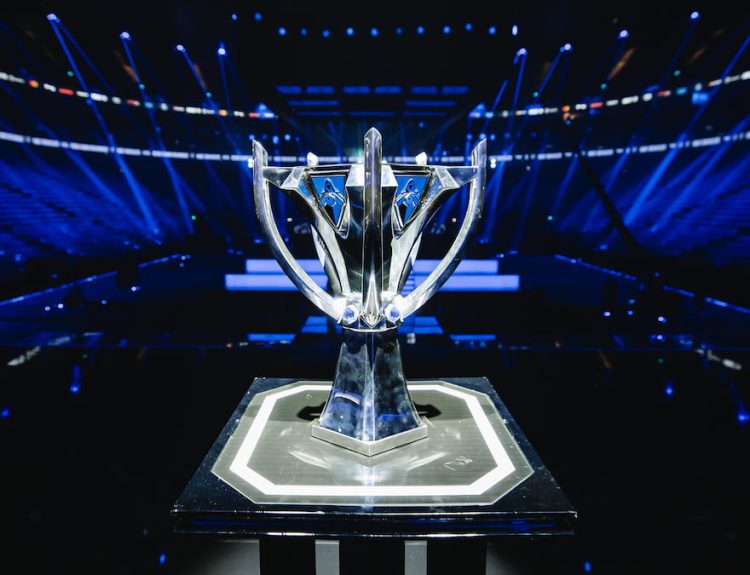 The trophy on display at the League of Legends World Championship 2024 Finals on Novemeber 02, 2024 in London.