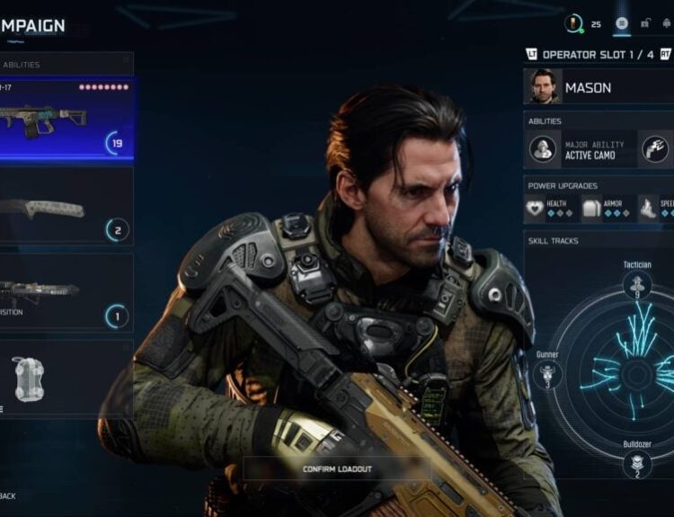 Operator Mason in the loadout customization tab for Black Ops 7 Campaign Endgame, including Abilities