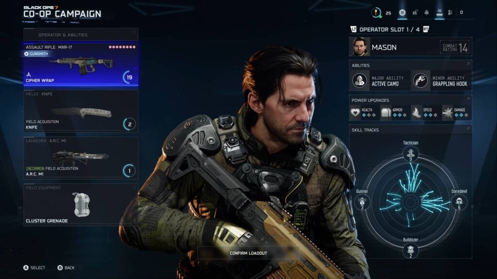 Operator Mason in the loadout customization tab for Black Ops 7 Campaign Endgame, including Abilities
