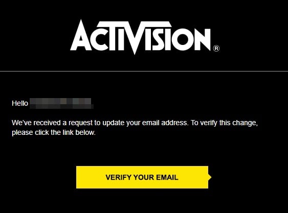 Email verification message from Activision