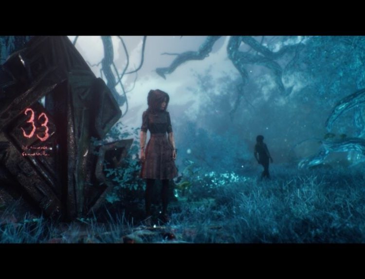 Lune standing alone next to the number 33 as a dark figure walks away in the background