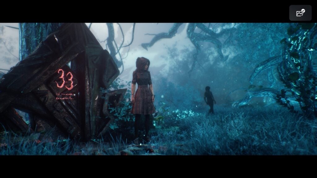 Lune standing alone next to the number 33 as a dark figure walks away in the background