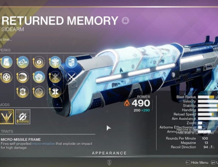 Returned Memory god roll in Destiny 2