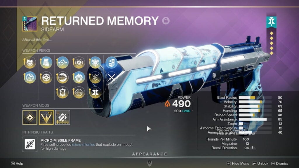 Returned Memory god roll in Destiny 2