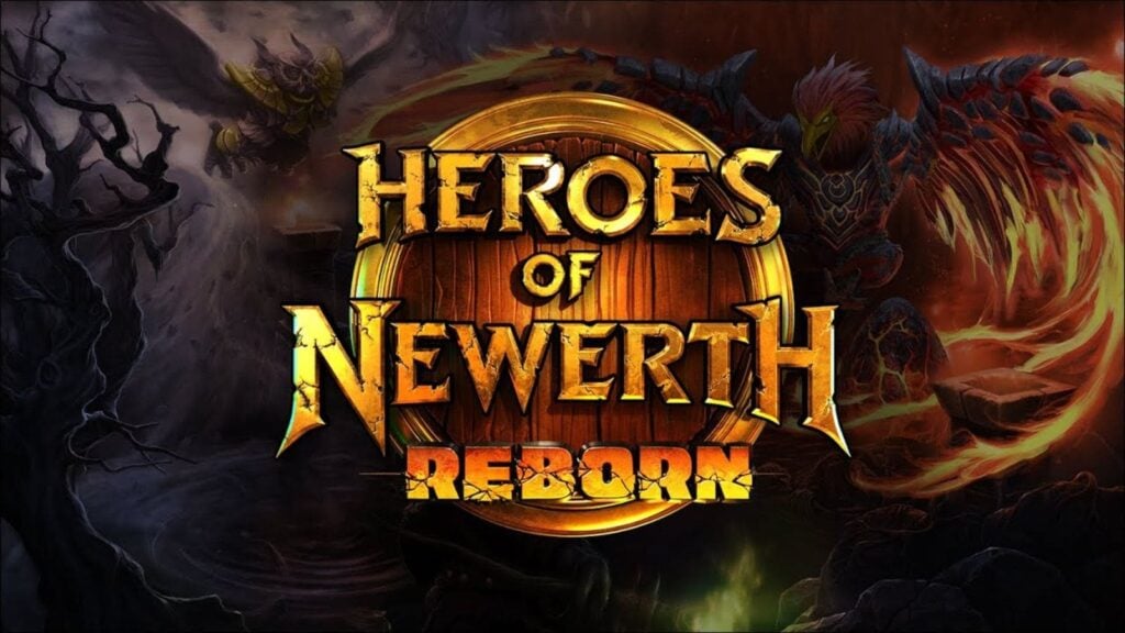 Heroes of Newerth Reborn key visual, with the game's name and flying heroes in the background