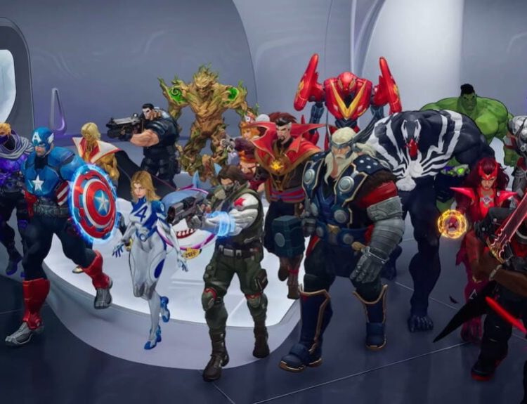Picture showing 18v18 Marvel Rivals heroes walking together.
