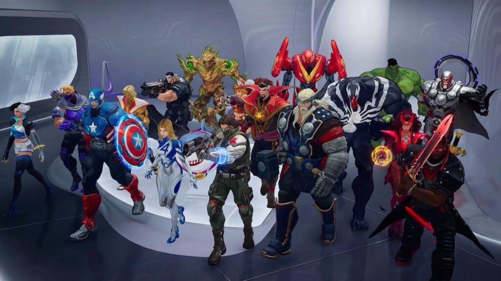 Picture showing 18v18 Marvel Rivals heroes walking together.