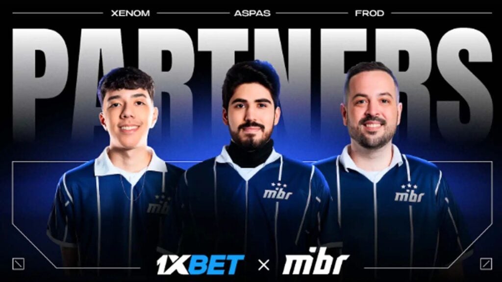 MIBR VALORANT players Xenom and Aspas, and coach Frod in key image for partnership with 1xBet