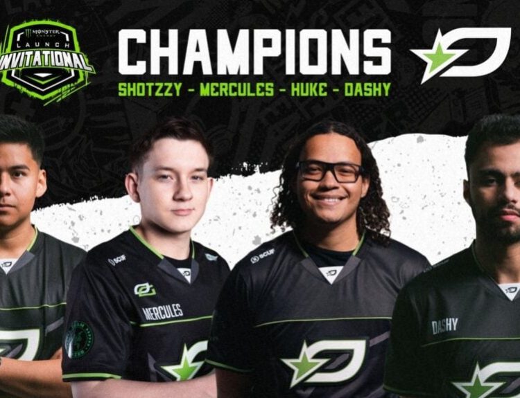 OpTic Texas champions image for the Monster Launch Invitational, featuring players Shotzzy, Mercules, Huke, and Dashy