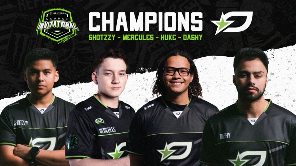 OpTic Texas champions image for the Monster Launch Invitational, featuring players Shotzzy, Mercules, Huke, and Dashy