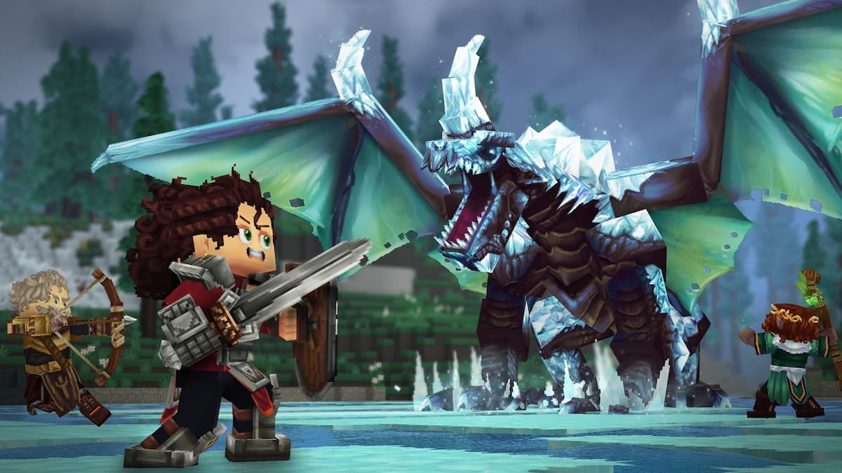 Picture showing a player fighting a dragon in Hytale.
